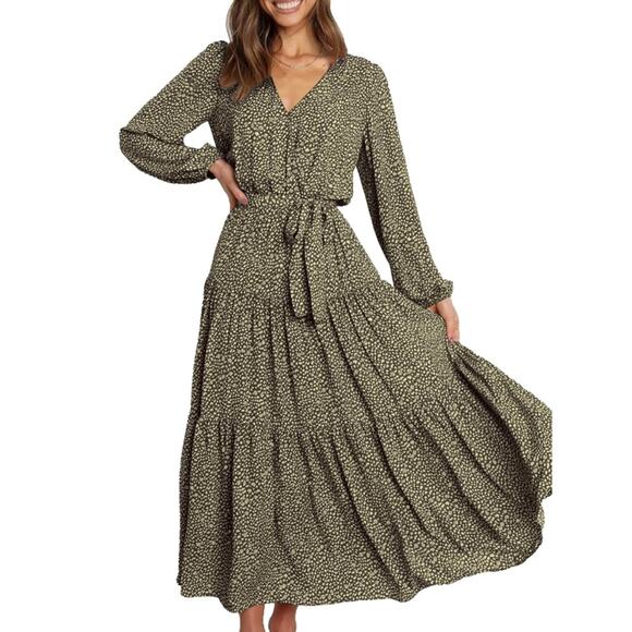 PrettyGarden Dresses & Skirts - PRETTYGARDEN Fall Long Sleeve Wrap Style V Neck Ruffle Maxi‎ Dress
